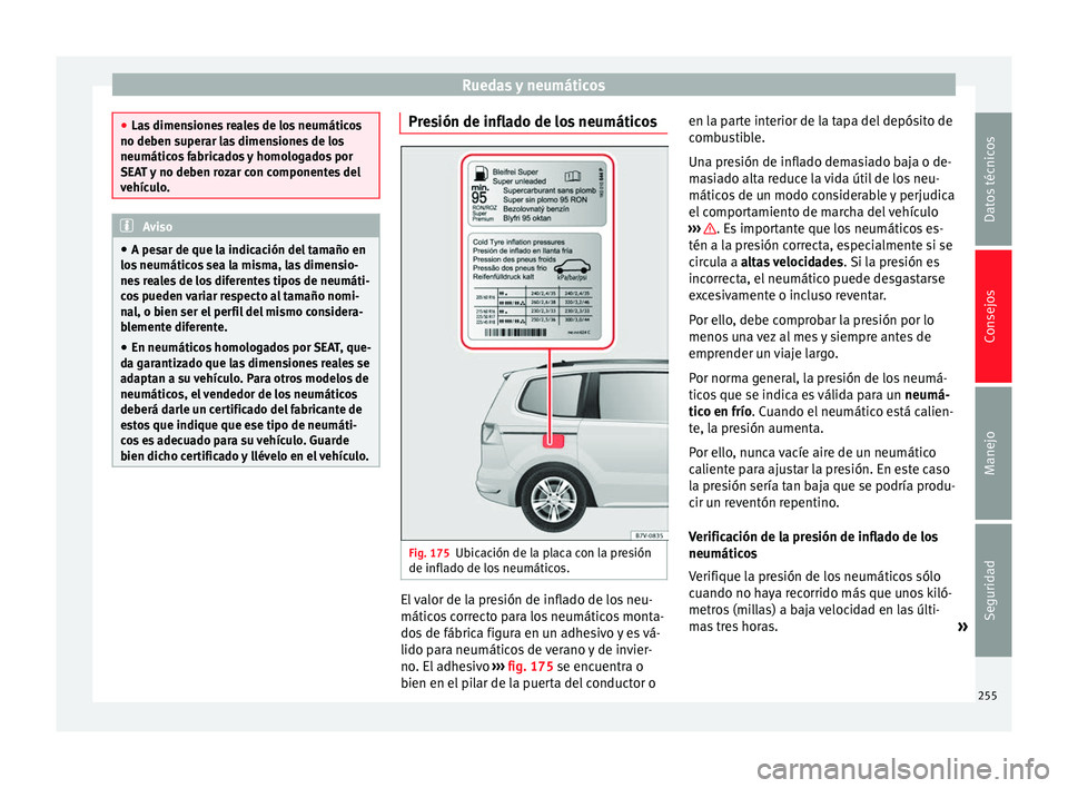 Seat Alhambra 2010  Manual de instrucciones (in Spanish) Ruedas y neumáticos
●
Las dimensiones reales de los neumáticos
no deben superar las dimensiones de los
neumáticos fabricados y homologados por
SEAT y no deben rozar con componentes del
vehículo.