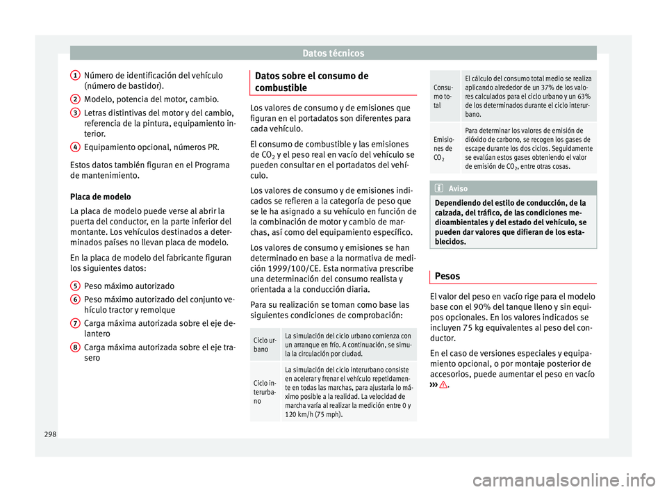 Seat Alhambra 2010 Manual de instrucciones (in Spanish) Datos técnicos
Número de identificación del vehículo
(número de bastidor).
Modelo, potencia del motor, cambio.
Letras distintivas del motor y del cambio,
referencia de la pintura, equipamiento in Seat Alhambra 2010 Manual de instrucciones (in Spanish) Datos técnicos
Número de identificación del vehículo
(número de bastidor).
Modelo, potencia del motor, cambio.
Letras distintivas del motor y del cambio,
referencia de la pintura, equipamiento in