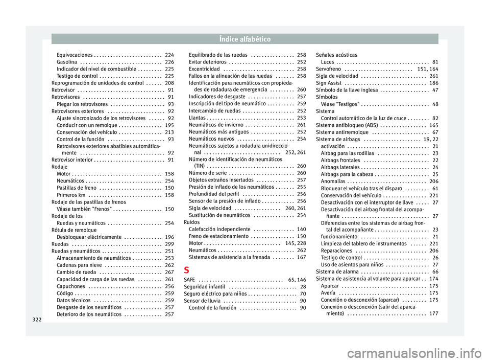 Seat Alhambra 2014  Manual de instrucciones (in Spanish) Índice alfabético
Equivocaciones . . . . . . . . . . . . . . . . . . . . . . . . . 224
Gasolina  . . . . . . . . . . . . . . . . . . . . . . . . . . . . . . 226
Indicador del nivel de combustible  .