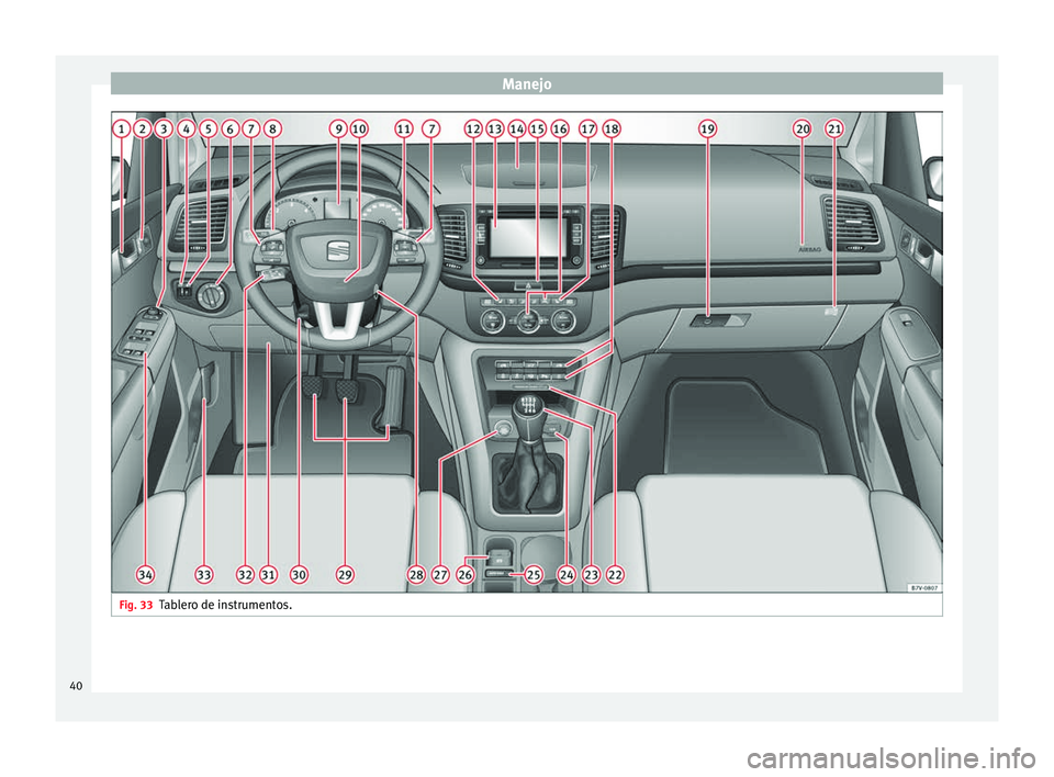 Seat Alhambra 2010 Manual de instrucciones (in Spanish) Manejo
Fig. 33
Tablero de instrumentos.40 Seat Alhambra 2010 Manual de instrucciones (in Spanish) Manejo
Fig. 33
Tablero de instrumentos.40