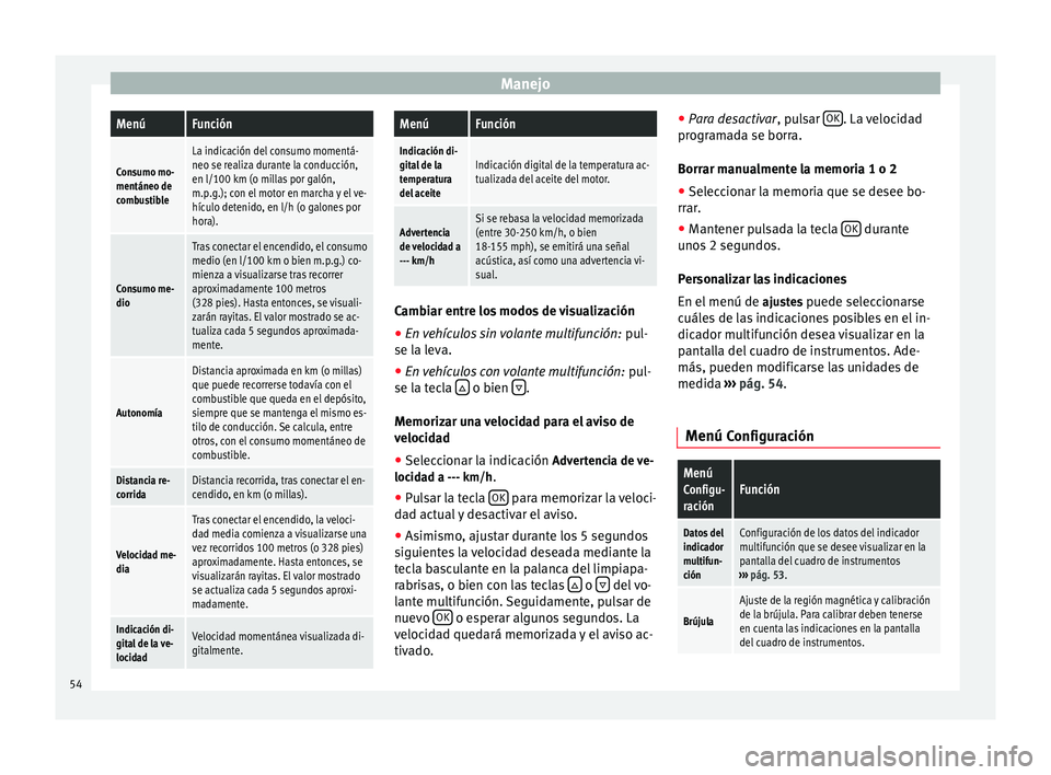Seat Alhambra 2010 Manual de instrucciones (in Spanish) ManejoMenúFunción
Consumo mo-
mentáneo de
combustible
La indicación del consumo momentá-
neo se realiza durante la conducción,
en l/100 km (o millas por galón,
m.p.g.); con el motor en marcha y Seat Alhambra 2010 Manual de instrucciones (in Spanish) ManejoMenúFunción
Consumo mo-
mentáneo de
combustible
La indicación del consumo momentá-
neo se realiza durante la conducción,
en l/100 km (o millas por galón,
m.p.g.); con el motor en marcha y