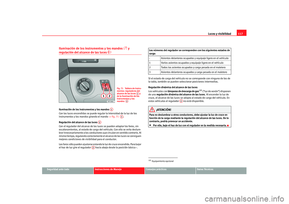 Seat Alhambra 2007 Manual de instrucciones (in Spanish) Luces y visibilidad117
Seguridad ante todo
Instrucciones de Manejo
Consejos prácticos
Datos Técnicos
Iluminación de los instrumentos y los mandos
y
regulación del alcance de las luces
Seat Alhambra 2007 Manual de instrucciones (in Spanish) Luces y visibilidad117
Seguridad ante todo
Instrucciones de Manejo
Consejos prácticos
Datos Técnicos
Iluminación de los instrumentos y los mandos
y
regulación del alcance de las luces
