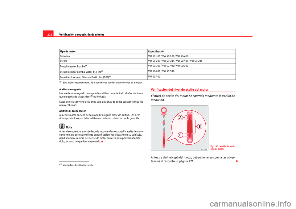 Seat Alhambra 2007 Manual de instrucciones (in Spanish) Verificación y reposición de niveles
226Aceites monogrado
Los aceites monogrado no se pueden util izar durante todo el año, debido a
que su gama de viscosidad
43) es limitada.
Estos aceites convie Seat Alhambra 2007 Manual de instrucciones (in Spanish) Verificación y reposición de niveles
226Aceites monogrado
Los aceites monogrado no se pueden util izar durante todo el año, debido a
que su gama de viscosidad
43) es limitada.
Estos aceites convie