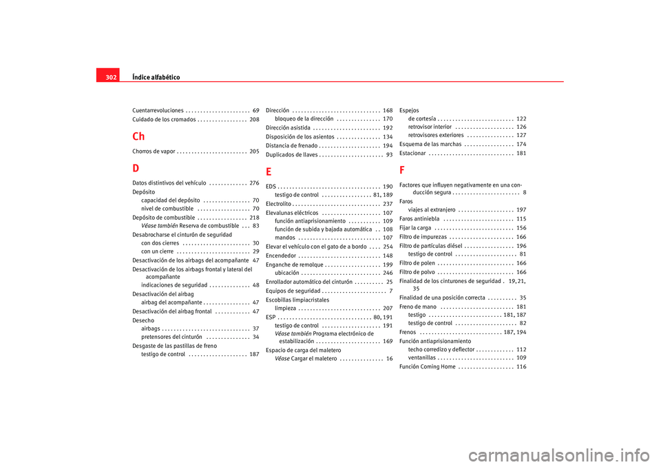 Seat Alhambra 2007 Manual de instrucciones (in Spanish) Índice alfabético
302Cuentarrevoluciones . . . . . . . . . . . . . . . . . . . . . . 69
Cuidado de los cromados . . . . . . . . . . . . . . . . . 208ChChorros de vapor . . . . . . . . . . . . . . Seat Alhambra 2007 Manual de instrucciones (in Spanish) Índice alfabético
302Cuentarrevoluciones . . . . . . . . . . . . . . . . . . . . . . 69
Cuidado de los cromados . . . . . . . . . . . . . . . . . 208ChChorros de vapor . . . . . . . . . . . . . .