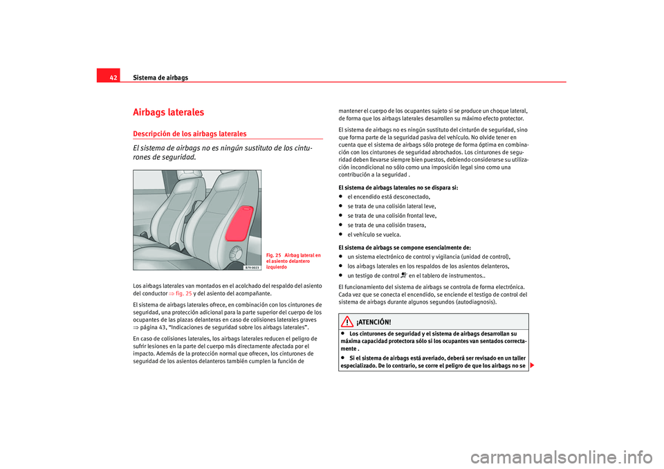 Seat Alhambra 2007 Manual de instrucciones (in Spanish) Sistema de airbags
42Airbags lateralesDescripción de los airbags laterales
El sistema de airbags no es ningún sustituto de los cintu-
rones de seguridad.Los airbags laterales van montados en el aco Seat Alhambra 2007 Manual de instrucciones (in Spanish) Sistema de airbags
42Airbags lateralesDescripción de los airbags laterales
El sistema de airbags no es ningún sustituto de los cintu-
rones de seguridad.Los airbags laterales van montados en el aco