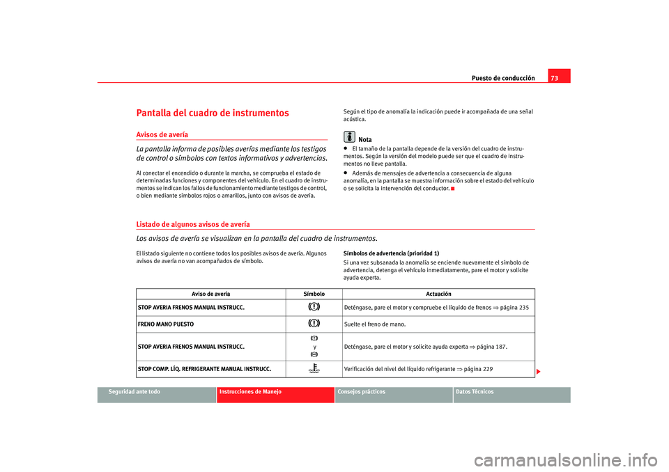 Seat Alhambra 2007 Manual de instrucciones (in Spanish) Puesto de conducción73
Seguridad ante todo
Instrucciones de Manejo
Consejos prácticos
Datos Técnicos
Pantalla del cuadro de instrumentosAvisos de avería
La pantalla informa de posibles averías m Seat Alhambra 2007 Manual de instrucciones (in Spanish) Puesto de conducción73
Seguridad ante todo
Instrucciones de Manejo
Consejos prácticos
Datos Técnicos
Pantalla del cuadro de instrumentosAvisos de avería
La pantalla informa de posibles averías m