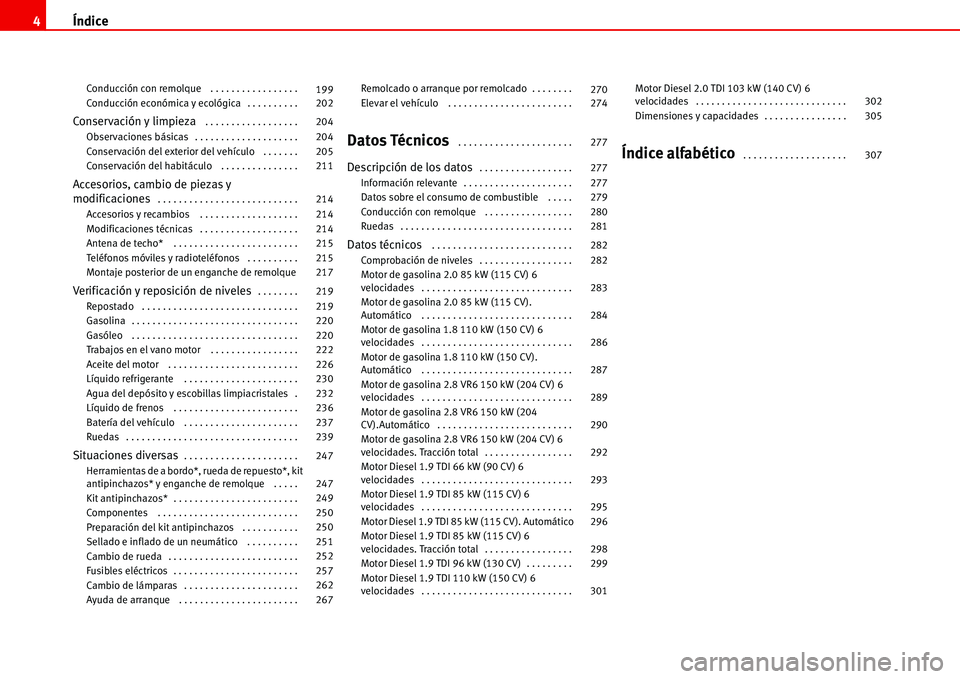 Seat Alhambra 2006  Manual de instrucciones (in Spanish) Índice 4
Conducción con remolque  . . . . . . . . . . . . . . . . . 
Conducción económica y ecológica . . . . . . . . . . 
Conservación y limpieza . . . . . . . . . . . . . . . . . . 
Observacio