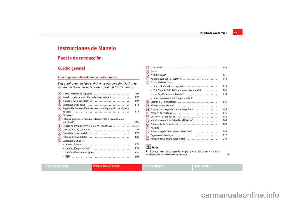 Seat Alhambra 2005  Manual de instrucciones (in Spanish) Puesto de conducción67
Seguridad ante todo
Instrucciones de Manejo
Consejos prácticos
Datos Técnicos
Instrucciones de ManejoPuesto de conducciónCuadro generalCuadro general del tablero de instrume