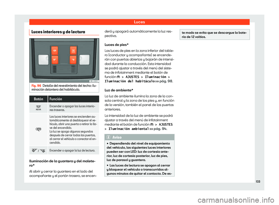 Seat Tarraco 2020  Manual de instrucciones (in Spanish) Luces
Luces interiores y de lectura Fig. 96
Detalle del revestimiento del techo: ilu-
minaci