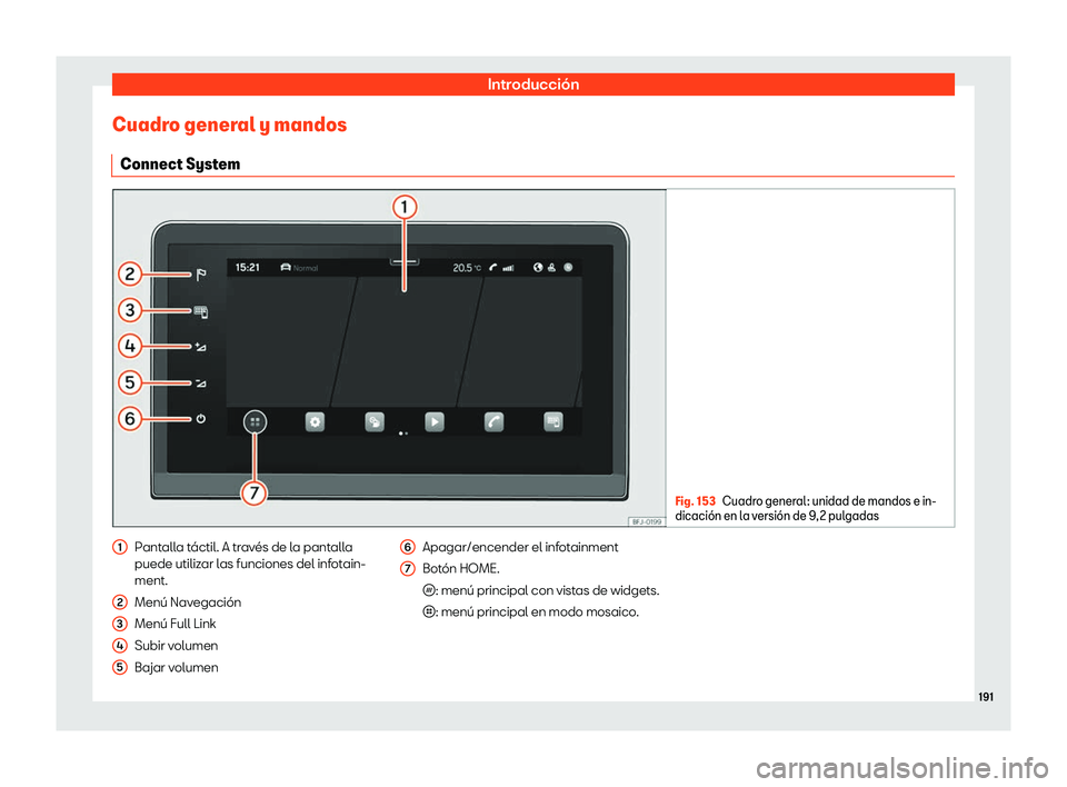 Seat Tarraco 2020  Manual de instrucciones (in Spanish) Introducción
Cuadro general y mandos Connect Syst em Fig. 153
Cuadro general: unidad de mandos e in-
dicaci