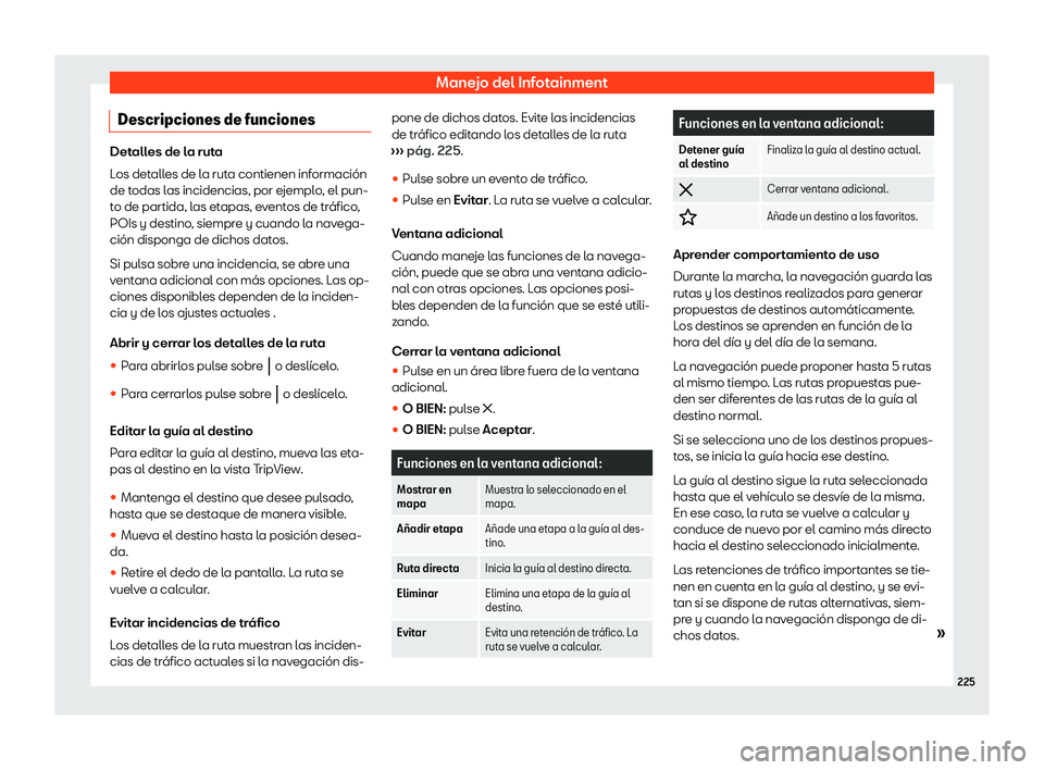 Seat Tarraco 2020  Manual de instrucciones (in Spanish) Manejo del Infotainment
Descripciones de funciones Detalles de la ruta
L
os det
alles de la ruta contienen información
de todas las incidencias, por ejemplo, el pun-
to de partida, las etapas, evento