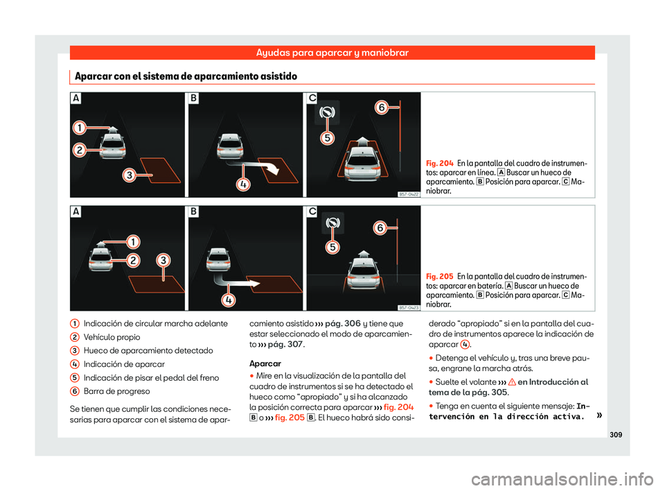 Seat Tarraco 2020  Manual de instrucciones (in Spanish) Ayudas para aparcar y maniobrar
Aparcar con el sistema de aparcamiento asistido Fig. 204
En la pantalla del cuadro de instrumen-
t os: apar
car en l