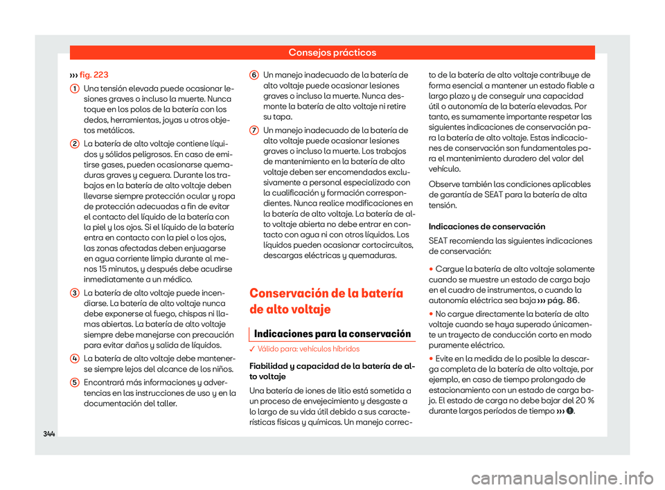 Seat Tarraco 2020  Manual de instrucciones (in Spanish) Consejos prácticos
›››  fig. 223
Una t ensión el
evada puede ocasionar le-
siones graves o incluso la muerte. Nunca
toque en los polos de la batería con los
dedos, herramientas, joyas u otros