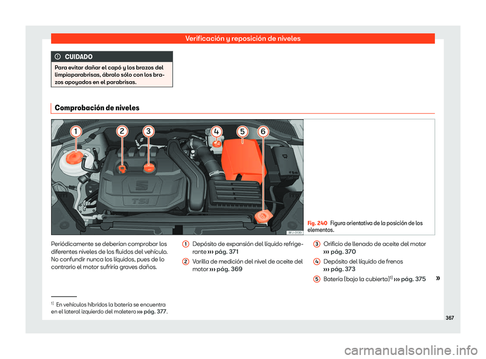 Seat Tarraco 2020  Manual de instrucciones (in Spanish) Verificación y reposición de niveles
CUIDADO
Para evitar dañar el capó y los brazos del
limpiapar abrisas, ábr
alo sólo con los bra-
zos apoyados en el parabrisas. Comprobaci