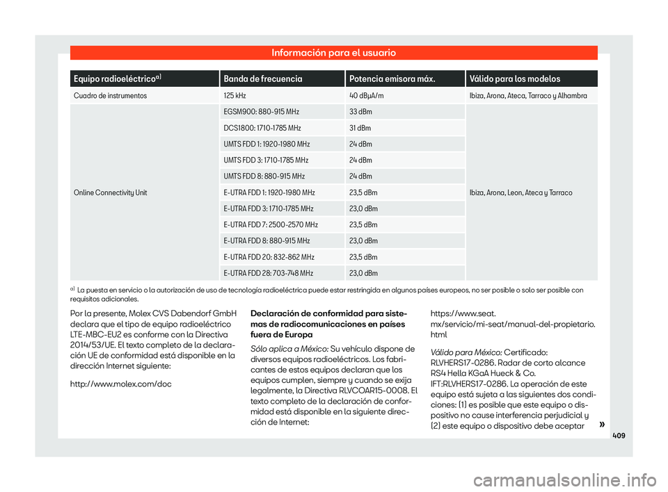 Seat Tarraco 2020 Manual de instrucciones (in Spanish) Información para el usuario
Equipo radioel Seat Tarraco 2020 Manual de instrucciones (in Spanish) Información para el usuario
Equipo radioel