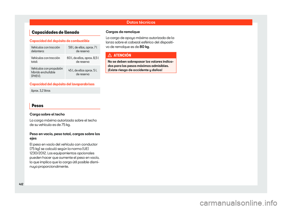 Seat Tarraco 2020 Manual de instrucciones (in Spanish) Datos técnicos
Capacidades de llenado Capacidad del dep Seat Tarraco 2020 Manual de instrucciones (in Spanish) Datos técnicos
Capacidades de llenado Capacidad del dep