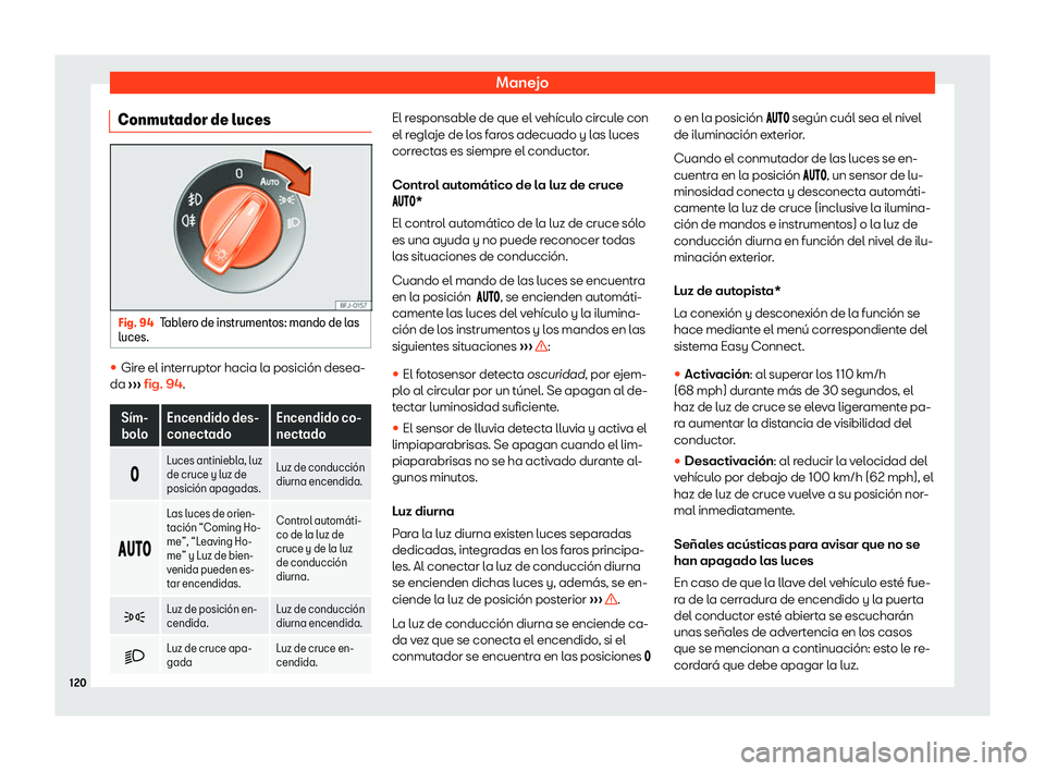 Seat Tarraco 2019  Manual de instrucciones (in Spanish) Manejo
Conmutador de luces Fig. 94
Tablero de instrumentos: mando de las
luces. 