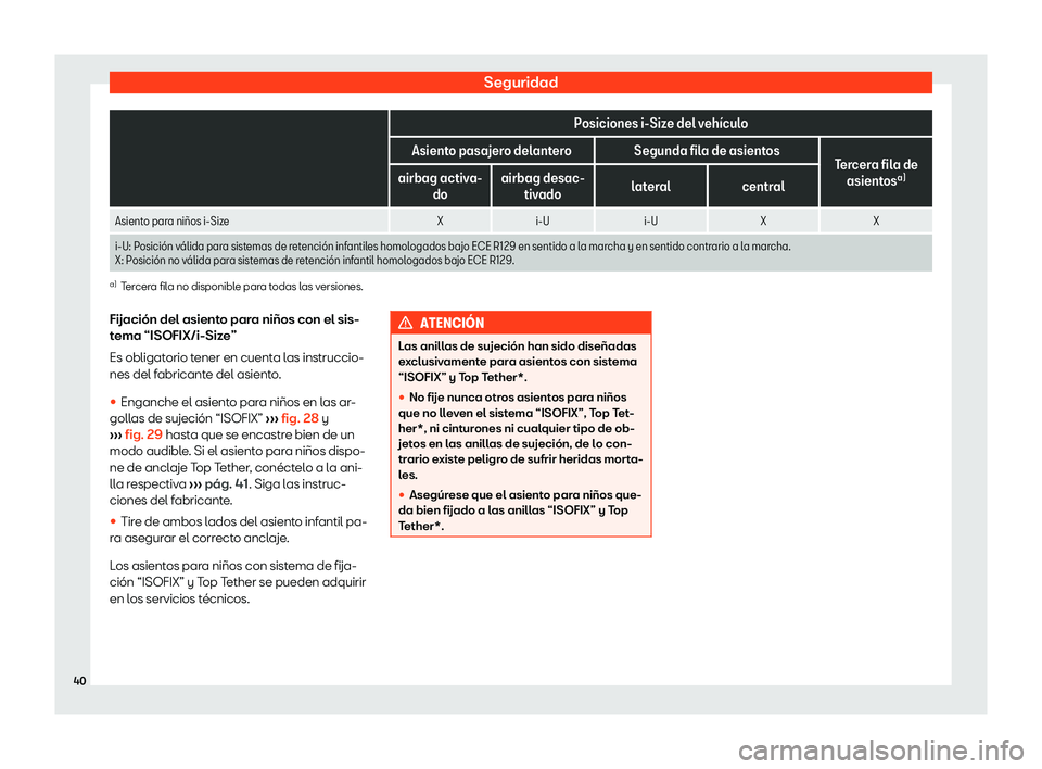 Seat Tarraco 2019  Manual de instrucciones (in Spanish) Seguridad
 
Posiciones i-Size del veh
