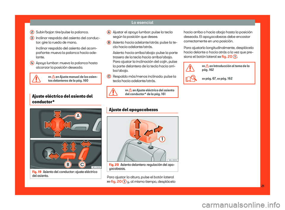 Seat Tarraco 2018  Manual de instrucciones (in Spanish) Lo esencial
Subir/bajar: tire/pulse la palanca.
Inclinar r espal
do del asient
o del conduc-
tor: gire la rueda de mano.
Inclinar respaldo del asiento del acom-
pa