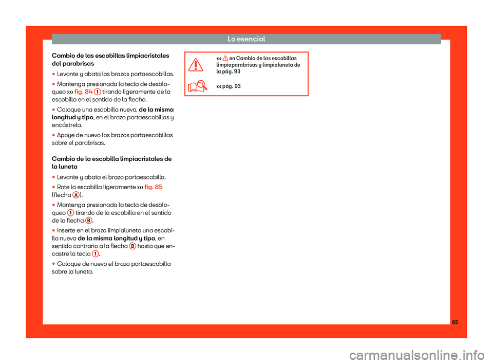 Seat Tarraco 2018  Manual de instrucciones (in Spanish) Lo esencial
Cambio de las escobillas limpiacristales
del par abrisas

