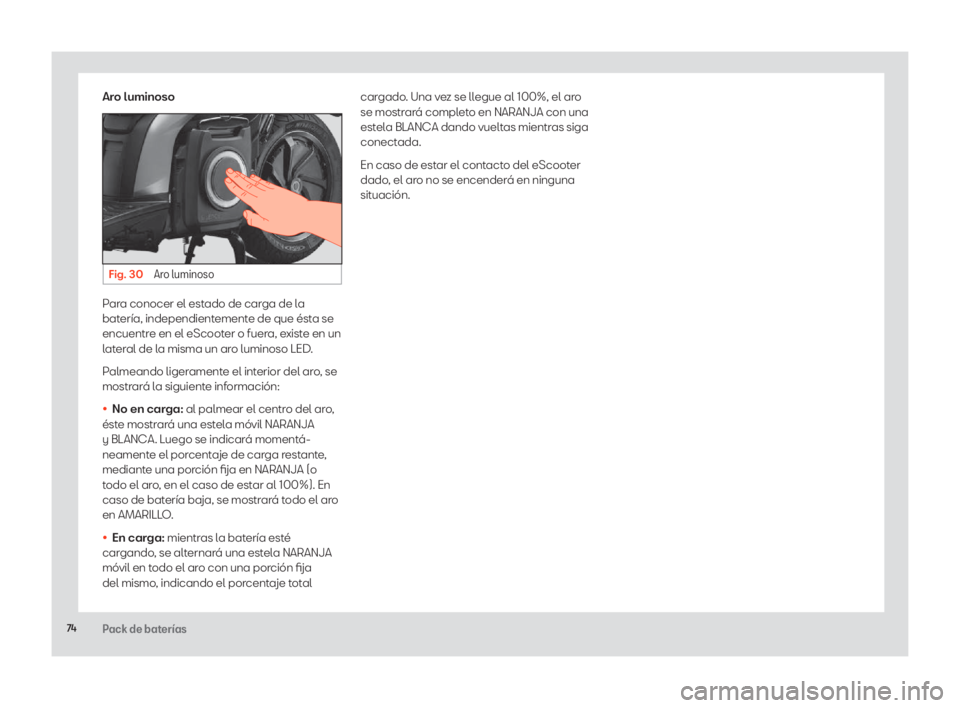 Seat eScooter 2020 Manual de instrucciones (in Spanish) 74Pack de baterías
Aro luminoso
Fig. 30 Aro luminoso
Para conocer el estado de carga de la
batería, independientemente de que ésta se
encuentre en el eScooter o fuera, existe en un
lateral de la Seat eScooter 2020 Manual de instrucciones (in Spanish) 74Pack de baterías
Aro luminoso
Fig. 30 Aro luminoso
Para conocer el estado de carga de la
batería, independientemente de que ésta se
encuentre en el eScooter o fuera, existe en un
lateral de la