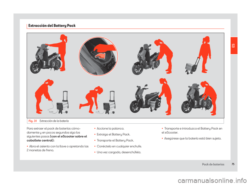 Seat eScooter 2020 Manual de instrucciones (in Spanish) 75Pack de baterías
Extracción del Battery Pack
Fig. 31 Extracción de la batería
Para extraer el pack de baterías cómo-
damente y en pocos segundos siga los
siguientes pasos (con el eScooter sob Seat eScooter 2020 Manual de instrucciones (in Spanish) 75Pack de baterías
Extracción del Battery Pack
Fig. 31 Extracción de la batería
Para extraer el pack de baterías cómo-
damente y en pocos segundos siga los
siguientes pasos (con el eScooter sob