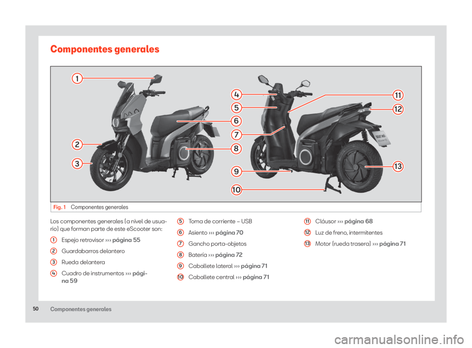 Seat eScooter 2020  Manual de instrucciones (in Spanish) 50Componentes generales
Componentes generales
Fig. 1 Componentes generales
3
1
11
2
13
125
4
7
9
10
8
6
Los componentes generales (a nivel de usua-
rio) que forman parte de este eScooter son:
1 Espejo