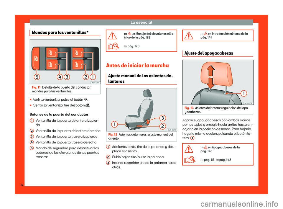 Seat Toledo 2018  Manual de instrucciones (in Spanish) Lo esencial
Mandos para las ventanillas* Fig. 11
Detalle de la puerta del conductor:
mandos par a las v
entanillas.