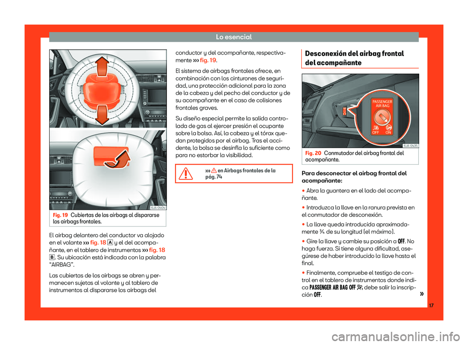 Seat Toledo 2018  Manual de instrucciones (in Spanish) Lo esencial
Fig. 19
Cubiertas de los airbags al dispararse
l os airbags fr
ont
ales. El airbag delantero del conductor va alojado
en el v
ol
ant

e 