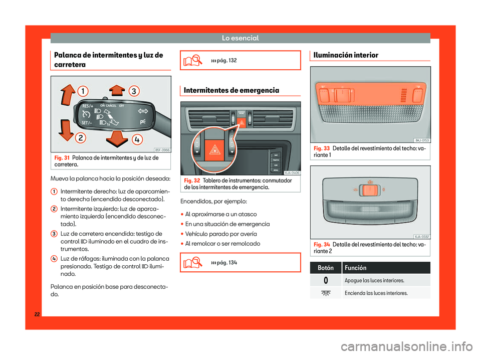 Seat Toledo 2018  Manual de instrucciones (in Spanish) Lo esencial
Palanca de intermitentes y luz de
carr et
er
a Fig. 31
Palanca de intermitentes y de luz de
carr eter

a. Mueva la palanca hacia la posici