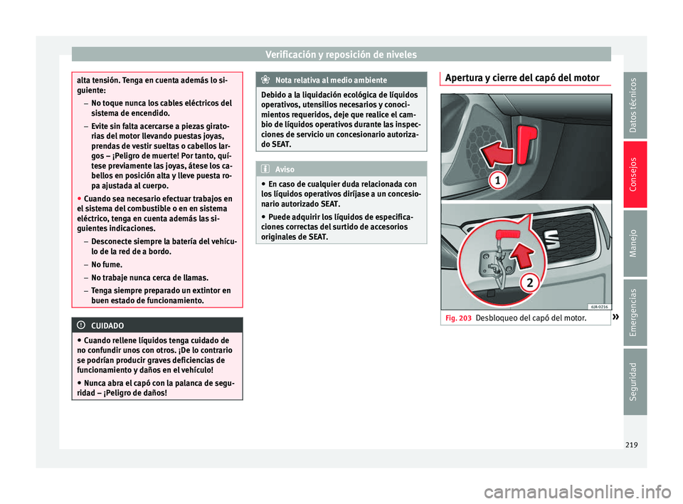 Seat Toledo 2017 Manual de instrucciones (in Spanish) Verificación y reposición de niveles
alta tensión. Tenga en cuenta además lo si-
guiente:
– No t oque nu
nca los cables eléctricos del
sistema de encendido.
– Evite sin falta acercarse a piez Seat Toledo 2017 Manual de instrucciones (in Spanish) Verificación y reposición de niveles
alta tensión. Tenga en cuenta además lo si-
guiente:
– No t oque nu
nca los cables eléctricos del
sistema de encendido.
– Evite sin falta acercarse a piez