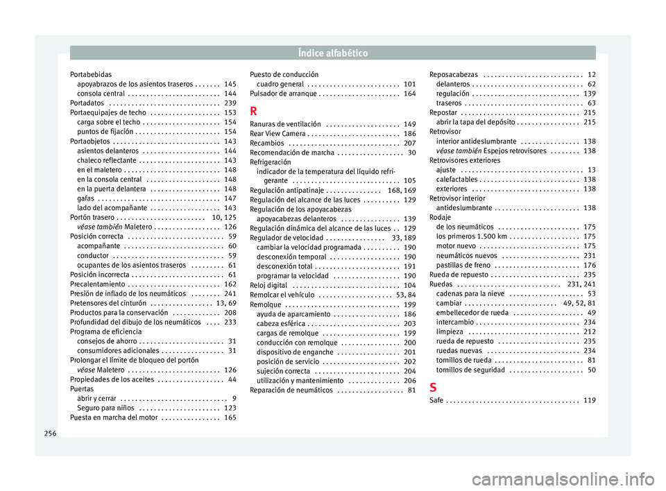 Seat Toledo 2017 Manual de instrucciones (in Spanish) Índice alfabético
Portabebidas apo y
abr
azos de los asientos traseros . . . . . . . 145
consola central . . . . . . . . . . . . . . . . . . . . . . . . . 144
Portadatos . . . . . . . . . . . . . Seat Toledo 2017 Manual de instrucciones (in Spanish) Índice alfabético
Portabebidas apo y
abr
azos de los asientos traseros . . . . . . . 145
consola central . . . . . . . . . . . . . . . . . . . . . . . . . 144
Portadatos . . . . . . . . . . . . .