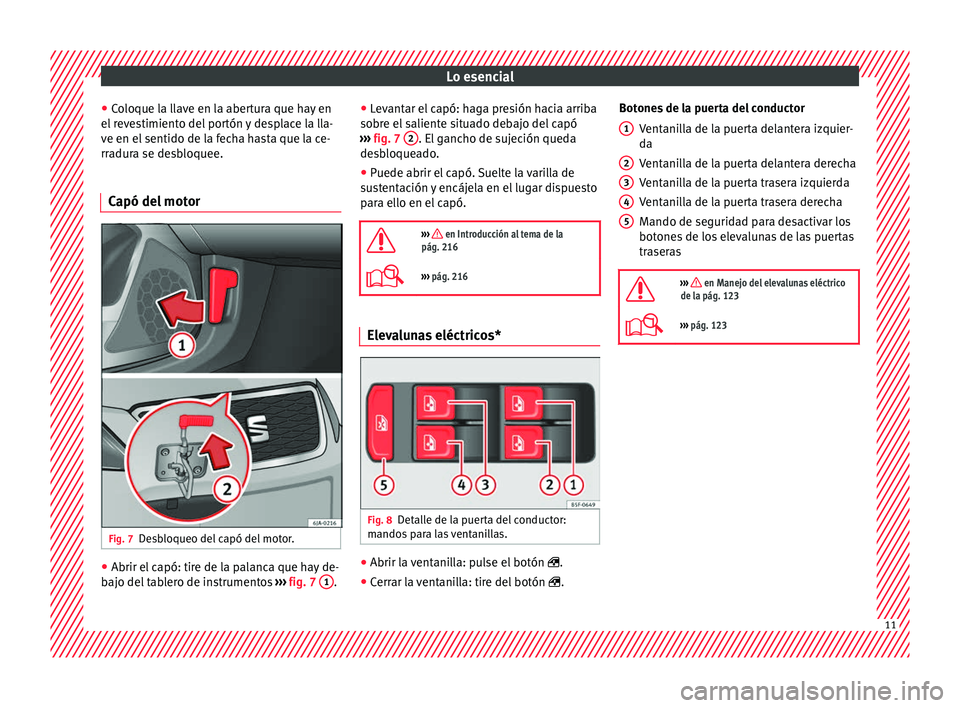 Seat Toledo 2016  Manual de instrucciones (in Spanish) Lo esencial
● Co
loque l
a llave en la abertura que hay en
el revestimiento del portón y desplace la lla-
ve en el sentido de la fecha hasta que la ce-
rradura se desbloquee.
Capó del motor Fig. 7