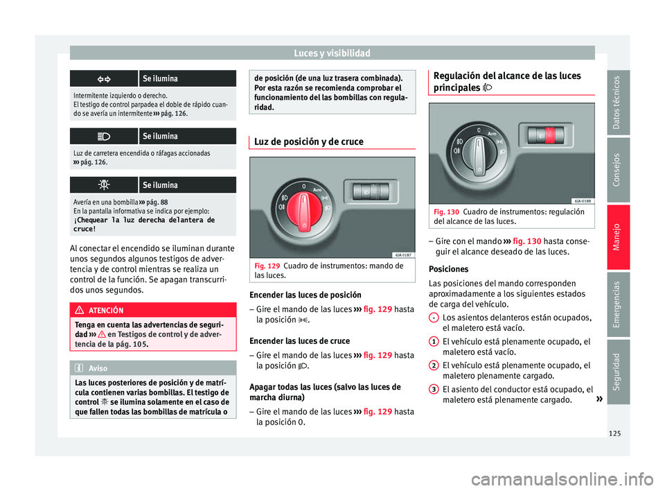 Seat Toledo 2016 Manual de instrucciones (in Spanish) Luces y visibilidad
Se ilumina
Intermitente izquierdo o derecho.
El testigo de control parpadea el doble de rápido cuan-
do se avería un intermitente
››› pág. 126.
Se ilumina
Luz de c Seat Toledo 2016 Manual de instrucciones (in Spanish) Luces y visibilidad
Se ilumina
Intermitente izquierdo o derecho.
El testigo de control parpadea el doble de rápido cuan-
do se avería un intermitente
››› pág. 126.
Se ilumina
Luz de c