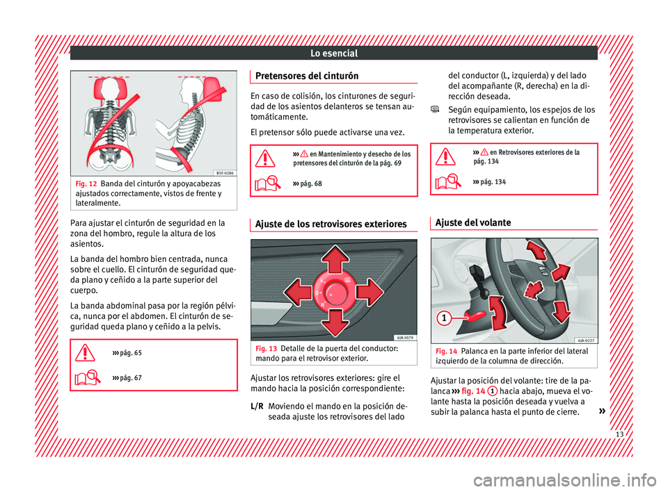 Seat Toledo 2016  Manual de instrucciones (in Spanish) Lo esencial
Fig. 12
Banda del cinturón y apoyacabezas
ajus t
ados correctamente, vistos de frente y
lateralmente. Para ajustar el cinturón de seguridad en la
z
on
a del

 hombro, regule la altura de