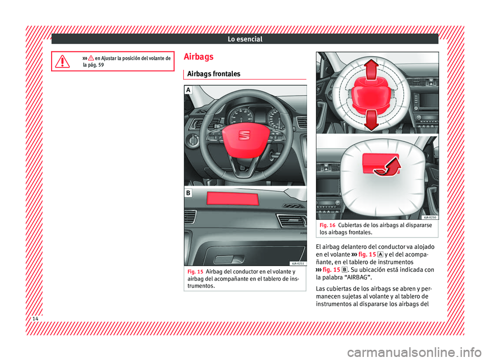 Seat Toledo 2016 Manual de instrucciones (in Spanish) Lo esencial
››› en Ajustar la posición del volante de
la pág. 59 Airbags
Airb ag
s
frontales Fig. 15
Airbag del conductor en el volante y
airb ag del
ac
ompañante en el tablero de ins- Seat Toledo 2016 Manual de instrucciones (in Spanish) Lo esencial
››› en Ajustar la posición del volante de
la pág. 59 Airbags
Airb ag
s
frontales Fig. 15
Airbag del conductor en el volante y
airb ag del
ac
ompañante en el tablero de ins-