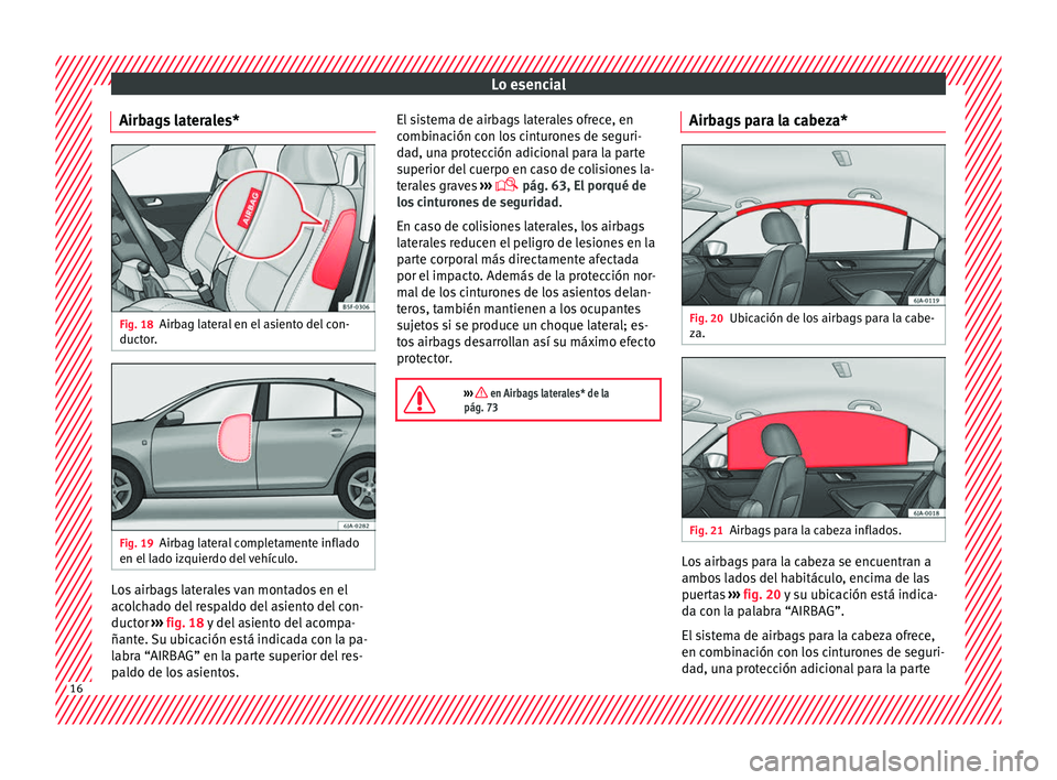 Seat Toledo 2016  Manual de instrucciones (in Spanish) Lo esencial
Airbags laterales* Fig. 18
Airbag lateral en el asiento del con-
duct or
. Fig. 19
Airbag lateral completamente inflado
en el  l
a
do izquierdo del vehículo. Los airbags laterales van mon