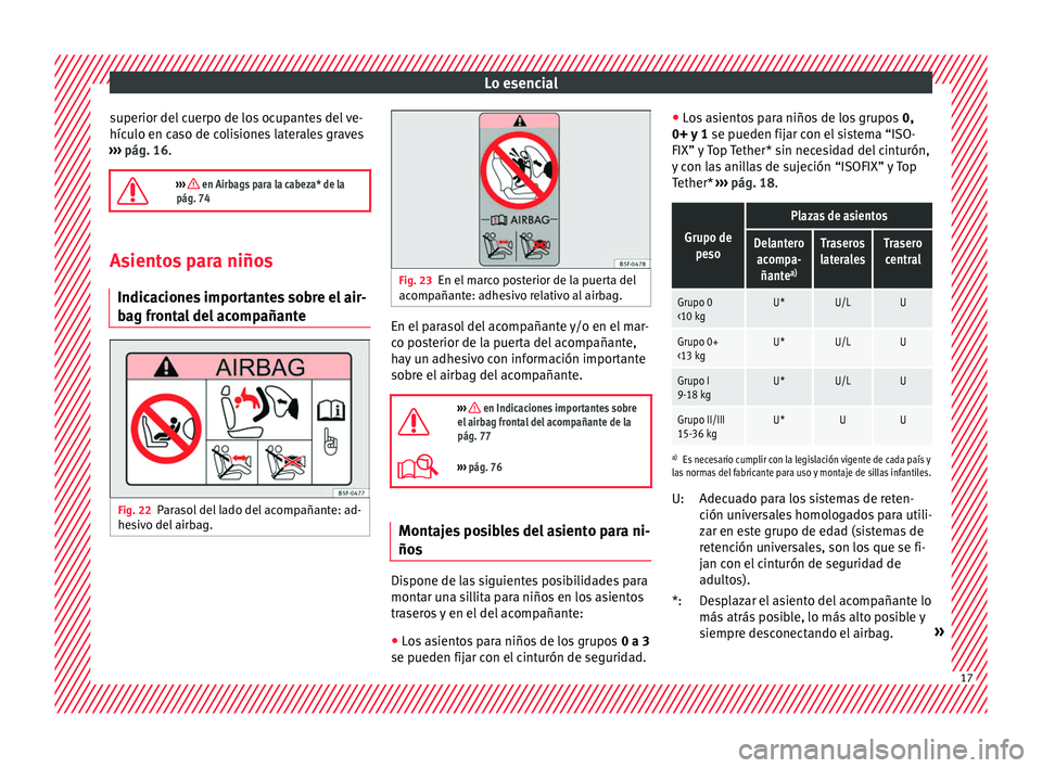 Seat Toledo 2016 Manual de instrucciones (in Spanish) Lo esencial
superior del cuerpo de los ocupantes del ve-
híc u
lo en c
aso de colisiones laterales graves
››› pág. 16.
››› en Airbags para la cabeza* de la
pág. 74 Asientos para n Seat Toledo 2016 Manual de instrucciones (in Spanish) Lo esencial
superior del cuerpo de los ocupantes del ve-
híc u
lo en c
aso de colisiones laterales graves
››› pág. 16.
››› en Airbags para la cabeza* de la
pág. 74 Asientos para n