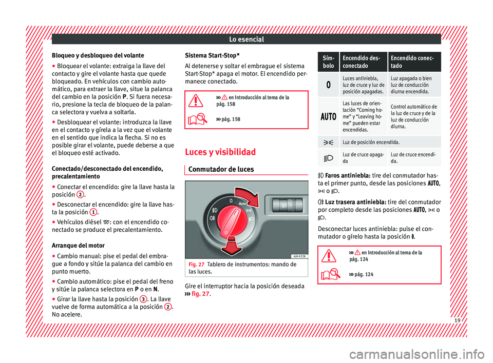 Seat Toledo 2016  Manual de instrucciones (in Spanish) Lo esencial
Bloqueo y desbloqueo del volante
● Bloquear el volante: extraiga la llave del
c ont
act
o y gire el volante hasta que quede
bloqueado. En vehículos con cambio auto-
mático, para extrae