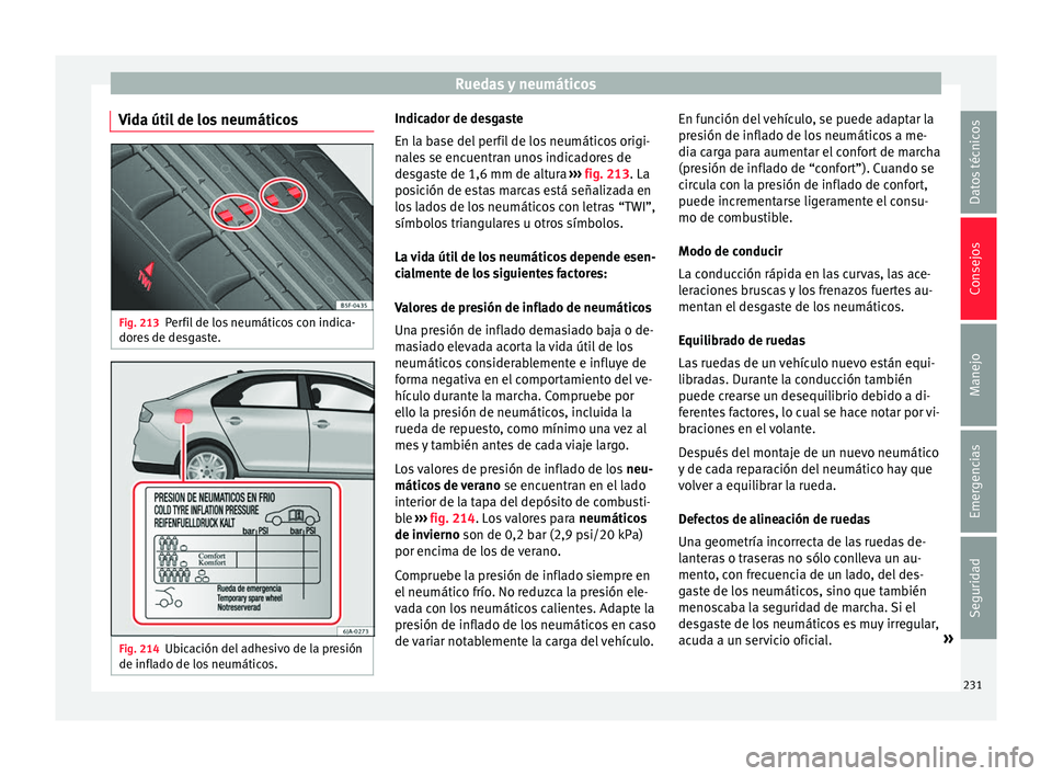 Seat Toledo 2016 Manual de instrucciones (in Spanish) Ruedas y neumáticos
Vida útil de los neumáticos Fig. 213
Perfil de los neumáticos con indica-
dor e
s
de desgaste. Fig. 214
Ubicación del adhesivo de la presión
de infl ado de lo
s neumáticos Seat Toledo 2016 Manual de instrucciones (in Spanish) Ruedas y neumáticos
Vida útil de los neumáticos Fig. 213
Perfil de los neumáticos con indica-
dor e
s
de desgaste. Fig. 214
Ubicación del adhesivo de la presión
de infl ado de lo
s neumáticos