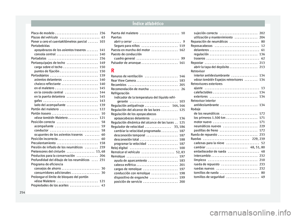 Seat Toledo 2016 Manual de instrucciones (in Spanish) Índice alfabético
Placa de modelo . . . . . . . . . . . . . . . . . . . . . . . . . . 236
Pl az
a
s del vehículo . . . . . . . . . . . . . . . . . . . . . . . . 63
Poner a cero el cuentakilómetro Seat Toledo 2016 Manual de instrucciones (in Spanish) Índice alfabético
Placa de modelo . . . . . . . . . . . . . . . . . . . . . . . . . . 236
Pl az
a
s del vehículo . . . . . . . . . . . . . . . . . . . . . . . . 63
Poner a cero el cuentakilómetro