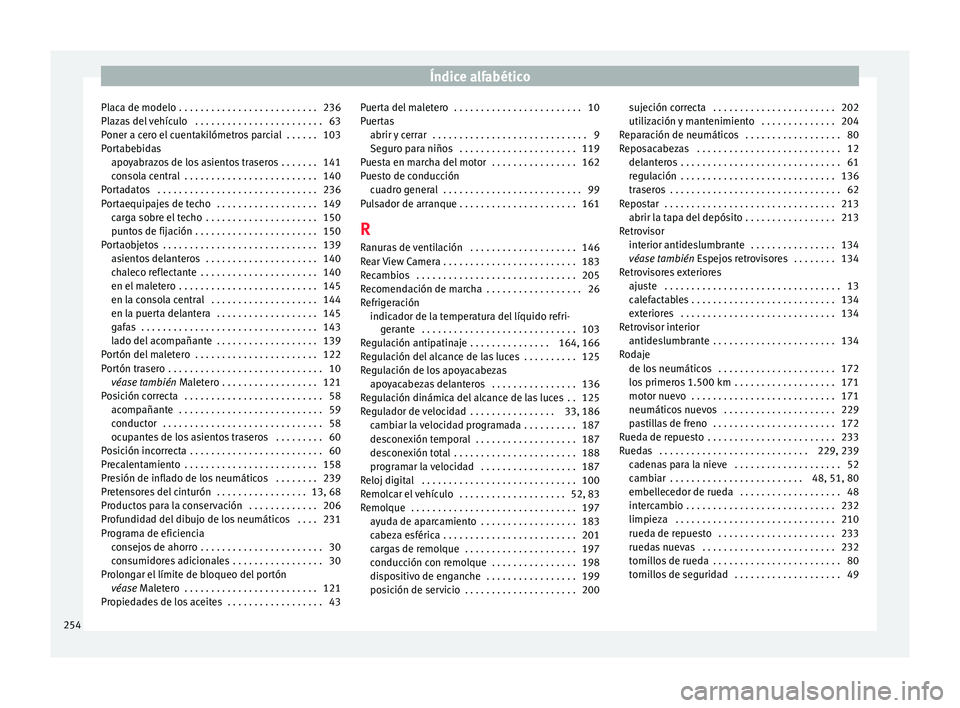 Seat Toledo 2016  Manual de instrucciones (in Spanish) Índice alfabético
Placa de modelo . . . . . . . . . . . . . . . . . . . . . . . . . . 236
Pl az
a
s del vehículo  . . . . . . . . . . . . . . . . . . . . . . . . 63
Poner a cero el cuentakilómetro