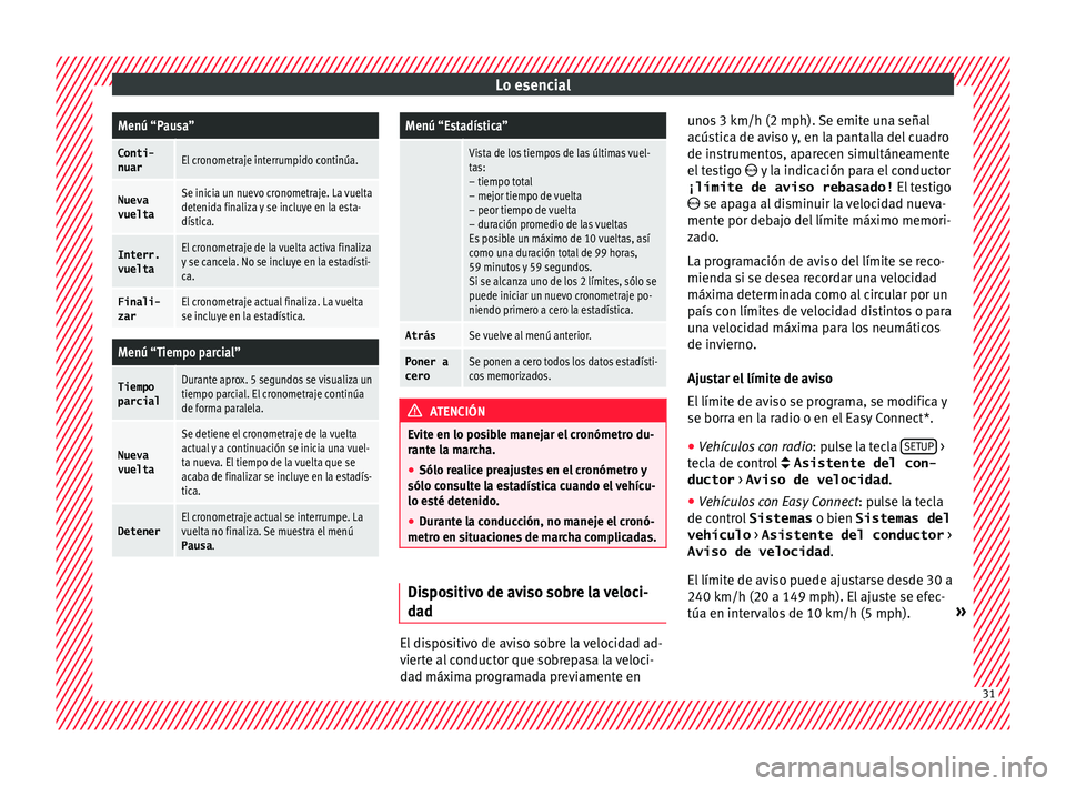 Seat Toledo 2016  Manual de instrucciones (in Spanish) Lo esencialMenú “Pausa”
Conti-
nuarEl cronometraje interrumpido continúa.
Nueva
vueltaSe inicia un nuevo cronometraje. La vuelta
detenida finaliza y se incluye en la esta-
dística.
Interr.
vuel