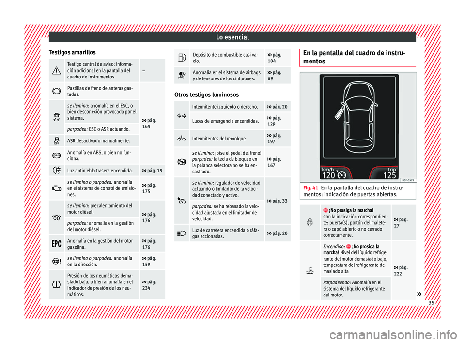 Seat Toledo 2016  Manual de instrucciones (in Spanish) Lo esencial
Testigos amarillos Testigo central de aviso: informa-
ción adicional en la pantalla del
cuadro de instrumentos–

Pastillas de freno delanteras gas-
tadas.
››› 
pág. 
164 �