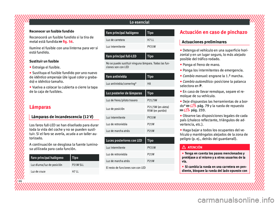 Seat Toledo 2016  Manual de instrucciones (in Spanish) Lo esencial
Reconocer un fusible fundido
R ec
onoc
erá un fusible fundido si la tira de
metal está fundida  ››› fig. 56.
Ilumine el fusible con una linterna para ver si
está fundido.
Sustitui