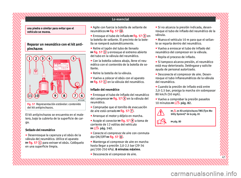 Seat Toledo 2016  Manual de instrucciones (in Spanish) Lo esencial
una piedra o similar para evitar que el
vehíc
u
lo se mueva. Reparar un neumático con el kit anti-
pinch
az

os Fig. 57
Representación estándar: contenido
del  k
it

 antipinchazos. El