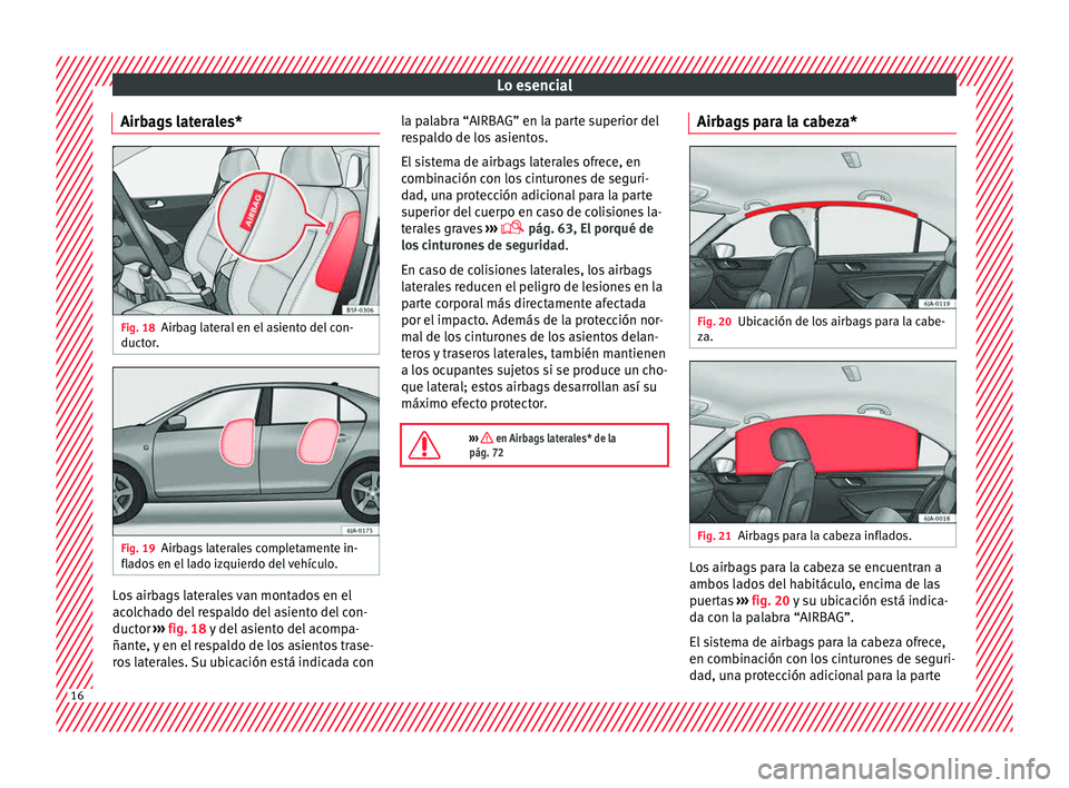 Seat Toledo 2015  Manual de instrucciones (in Spanish) Lo esencial
Airbags laterales* Fig. 18
Airbag lateral en el asiento del con-
duct or
. Fig. 19
Airbags laterales completamente in-
fl a
do
s en el lado izquierdo del vehículo. Los airbags laterales v