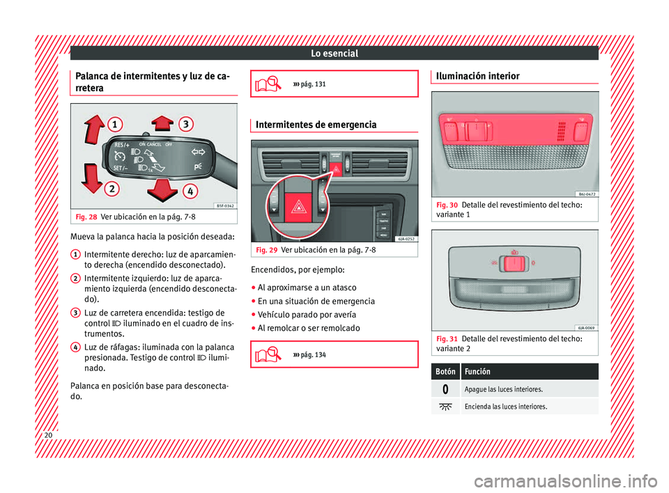 Seat Toledo 2015 Manual de instrucciones (in Spanish) Lo esencial
Palanca de intermitentes y luz de ca-
rr et
er
a Fig. 28
Ver ubicación en la pág. 7-8 Mueva la palanca hacia la posición deseada:
Intermit
ent
e derecho: luz de aparcamien-
to derecha Seat Toledo 2015 Manual de instrucciones (in Spanish) Lo esencial
Palanca de intermitentes y luz de ca-
rr et
er
a Fig. 28
Ver ubicación en la pág. 7-8 Mueva la palanca hacia la posición deseada:
Intermit
ent
e derecho: luz de aparcamien-
to derecha