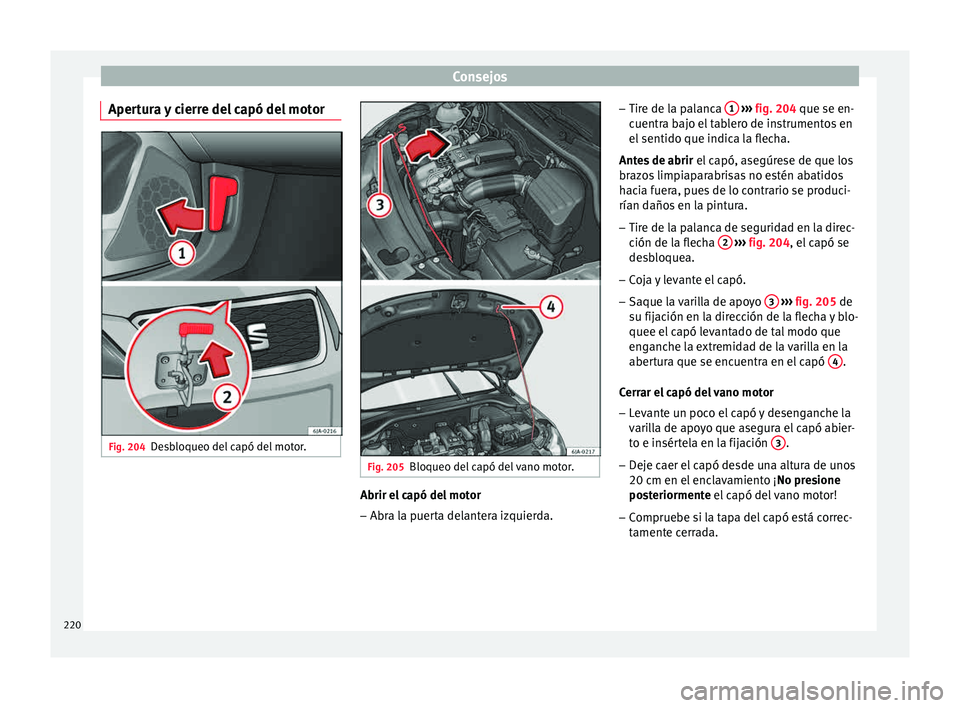 Seat Toledo 2015 Manual de instrucciones (in Spanish) Consejos
Apertura y cierre del capó del motor Fig. 204
Desbloqueo del capó del motor. Fig. 205
Bloqueo del capó del vano motor. Abrir el capó del motor
–
Abra la puerta delantera izquierda. –
Seat Toledo 2015 Manual de instrucciones (in Spanish) Consejos
Apertura y cierre del capó del motor Fig. 204
Desbloqueo del capó del motor. Fig. 205
Bloqueo del capó del vano motor. Abrir el capó del motor
–
Abra la puerta delantera izquierda. –