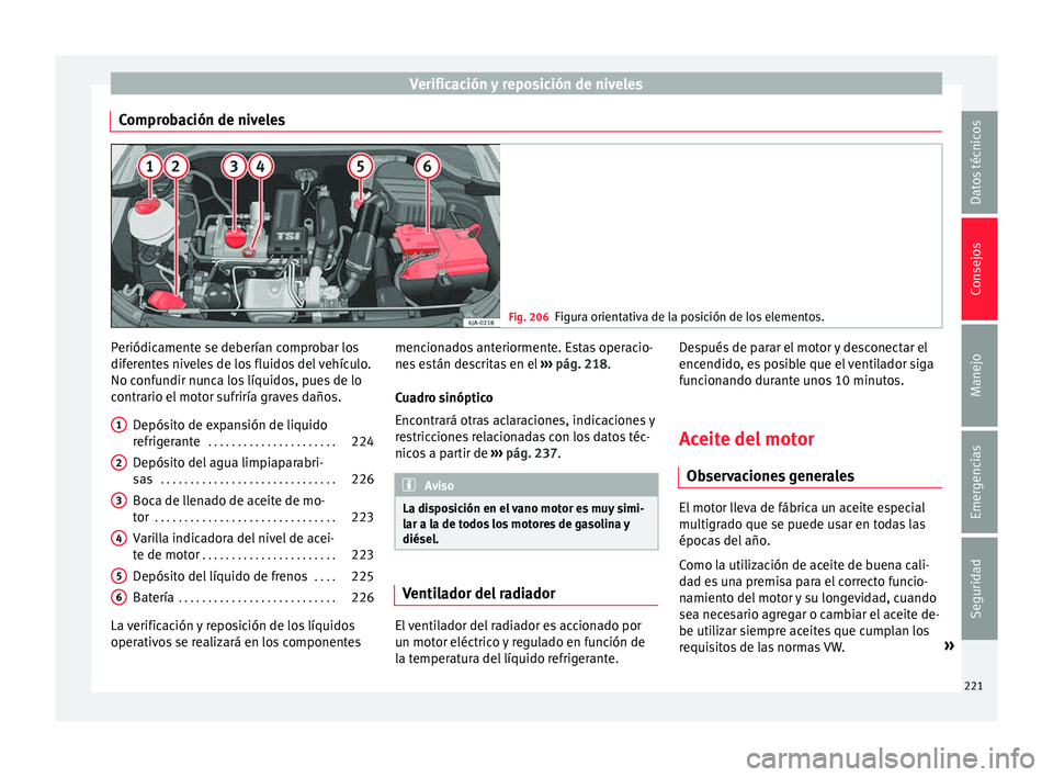 Seat Toledo 2015 Manual de instrucciones (in Spanish) Verificación y reposición de niveles
Comprobación de niveles Fig. 206
Figura orientativa de la posición de los elementos. Periódicamente se deberían comprobar los
dif
er
ent
es niveles de los fl Seat Toledo 2015 Manual de instrucciones (in Spanish) Verificación y reposición de niveles
Comprobación de niveles Fig. 206
Figura orientativa de la posición de los elementos. Periódicamente se deberían comprobar los
dif
er
ent
es niveles de los fl